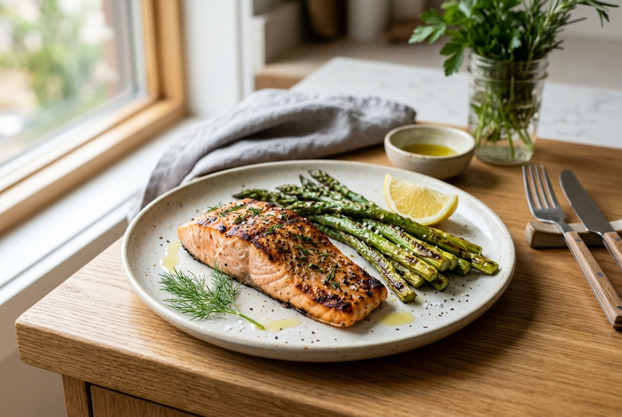A delicious keto recipe featuring grilled salmon and asparagus.