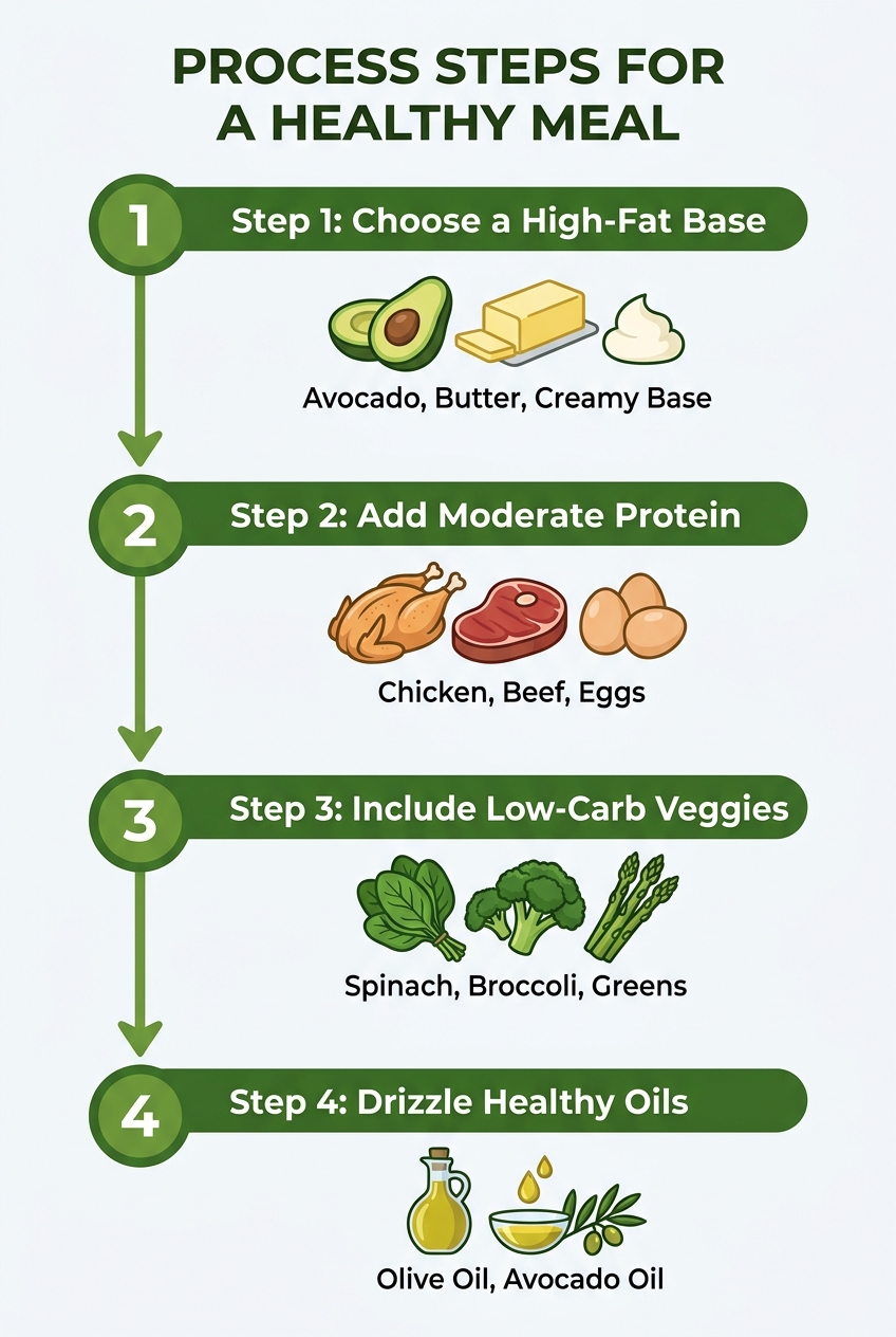 An educational infographic showing ketogenic diet lunch ideas and macro ratios.