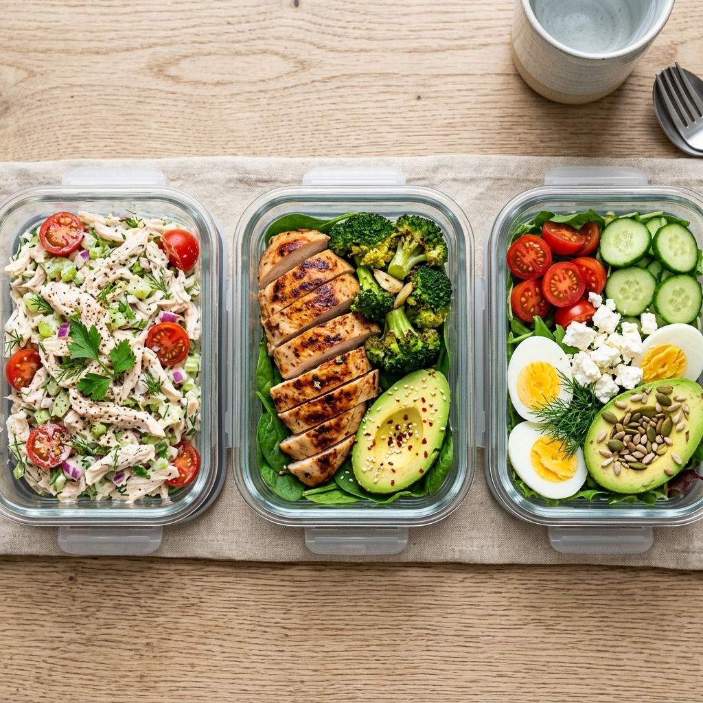 A variety of keto lunches packed in meal prep containers.