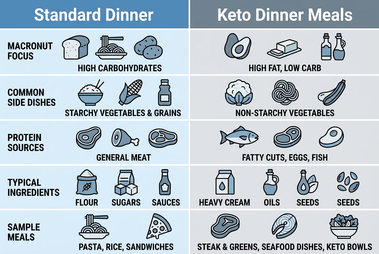 A comparison infographic of a standard dinner vs keto dinner meals.