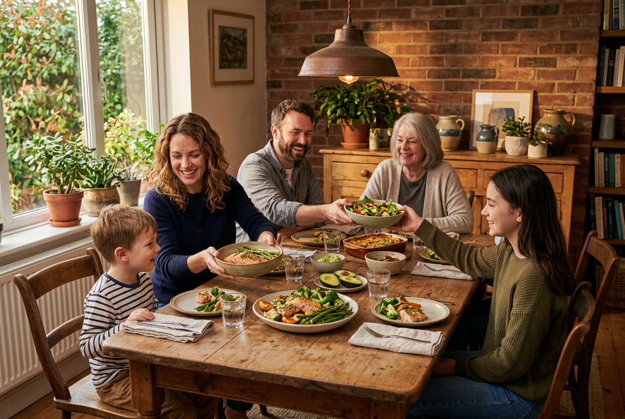 A family enjoying healthy keto dinners around a dining table.