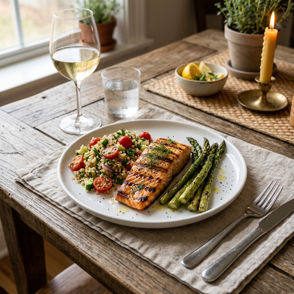 A colorful spread of healthy dinner ideas featuring grilled salmon and roasted vegetables.