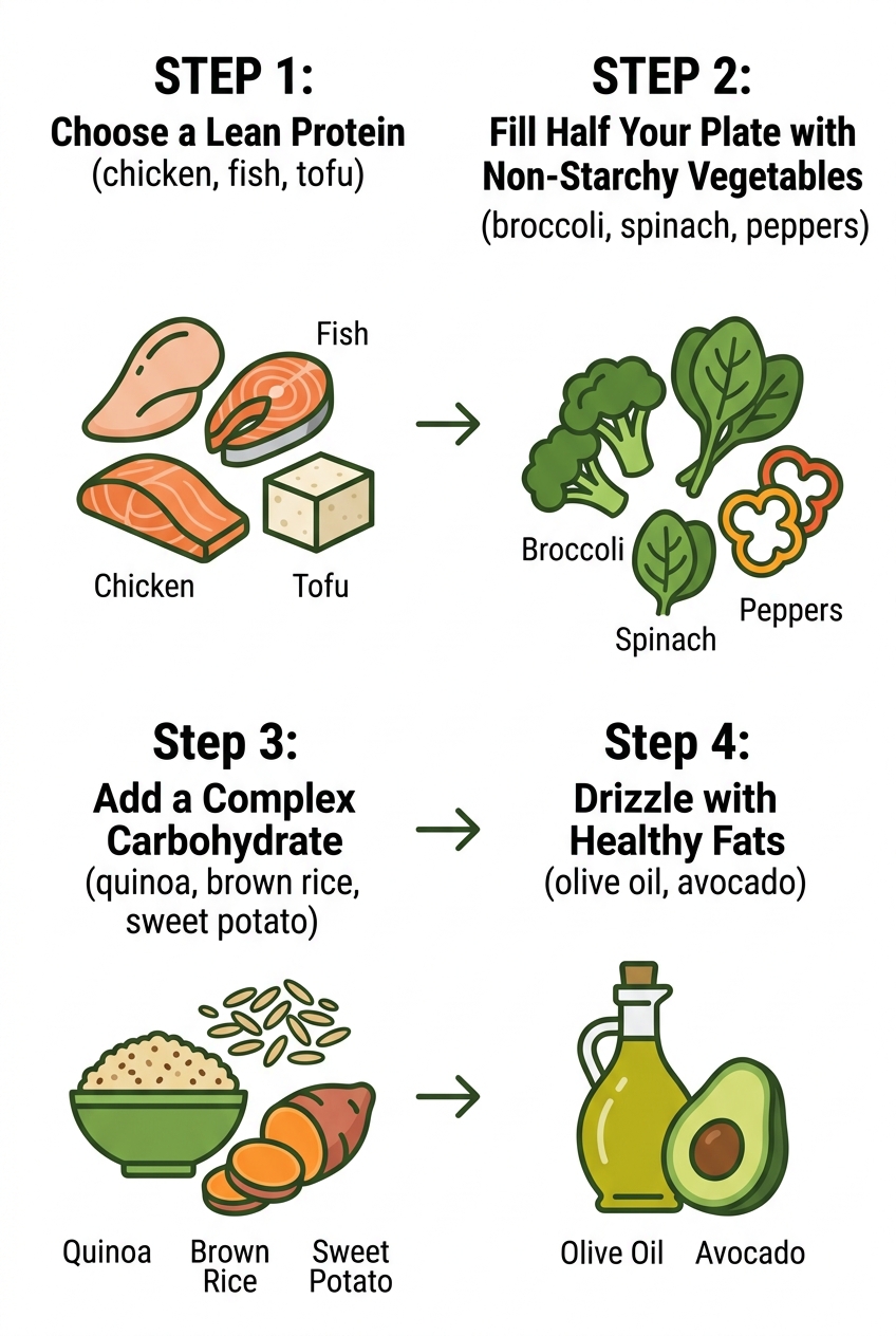 An infographic showing step-by-step ideas for healthy supper preparation.