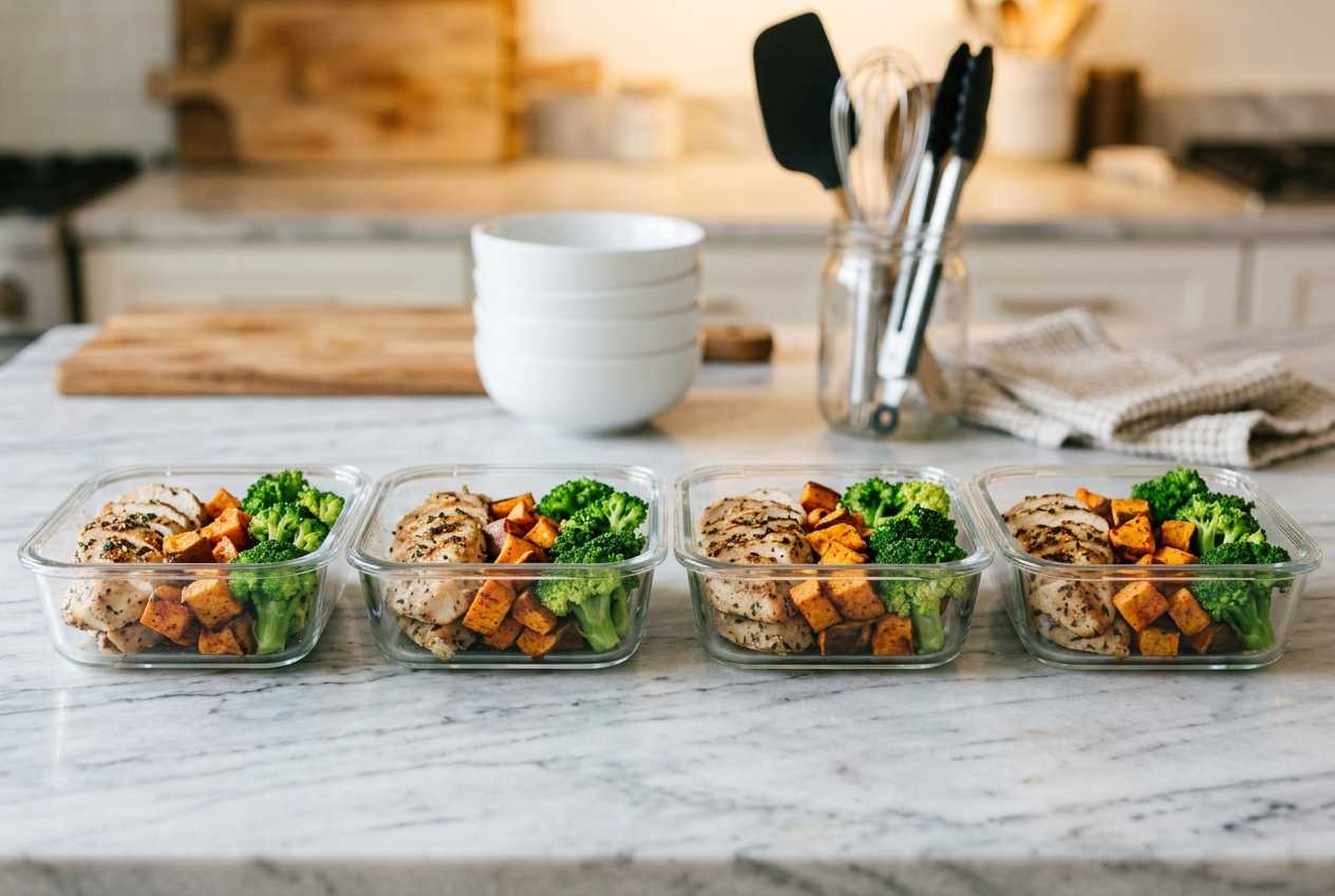 A meal prep setup with easy healthy dinner ideas in glass containers.