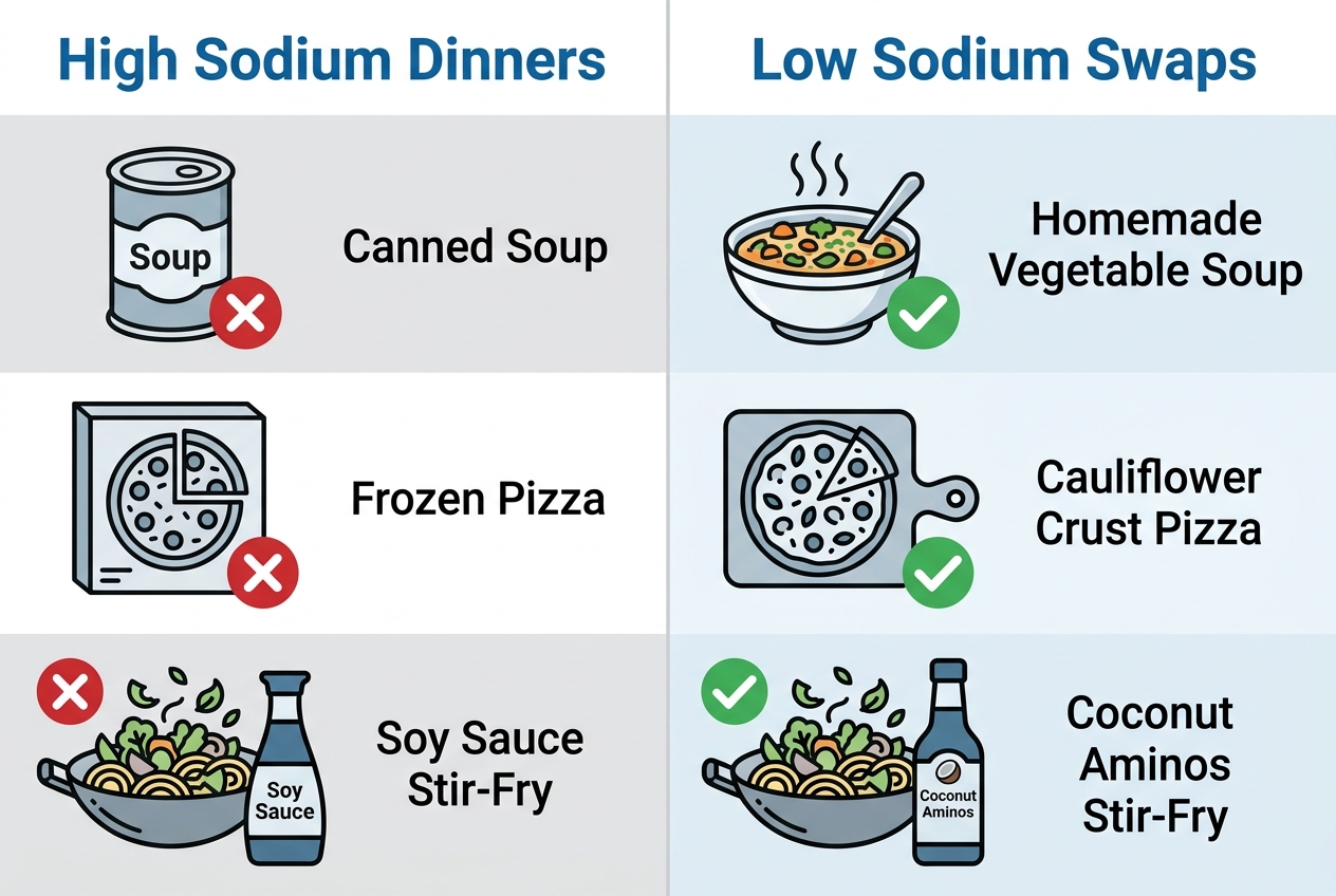 A comparison table of low sodium meals and high sodium alternatives.