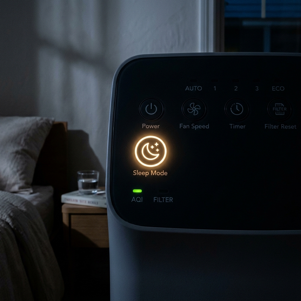 Quiet air purifier for bedroom showing night mode indicator