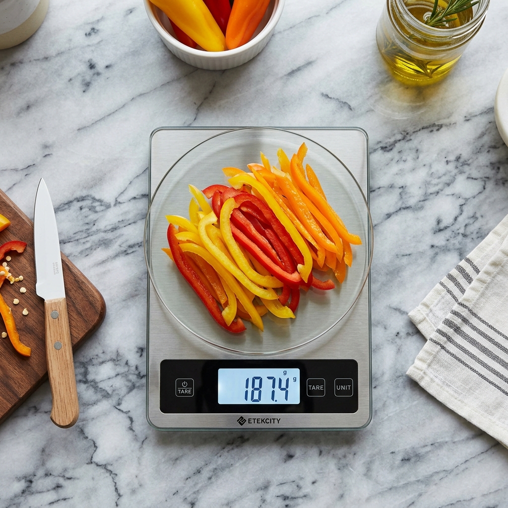 A sleek digital kitchen scale displaying precise measurements in grams