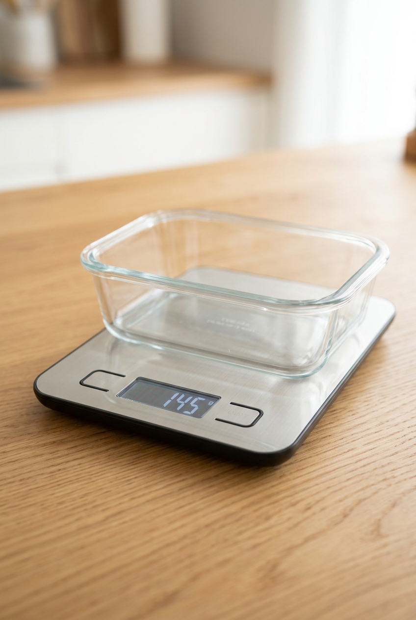 Infographic explaining how to use the tare function on a kitchen scale