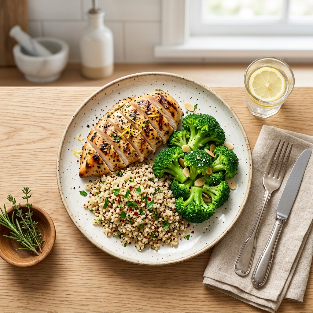 Un repas diététique coloré et équilibré avec des légumes frais et des protéines maigres