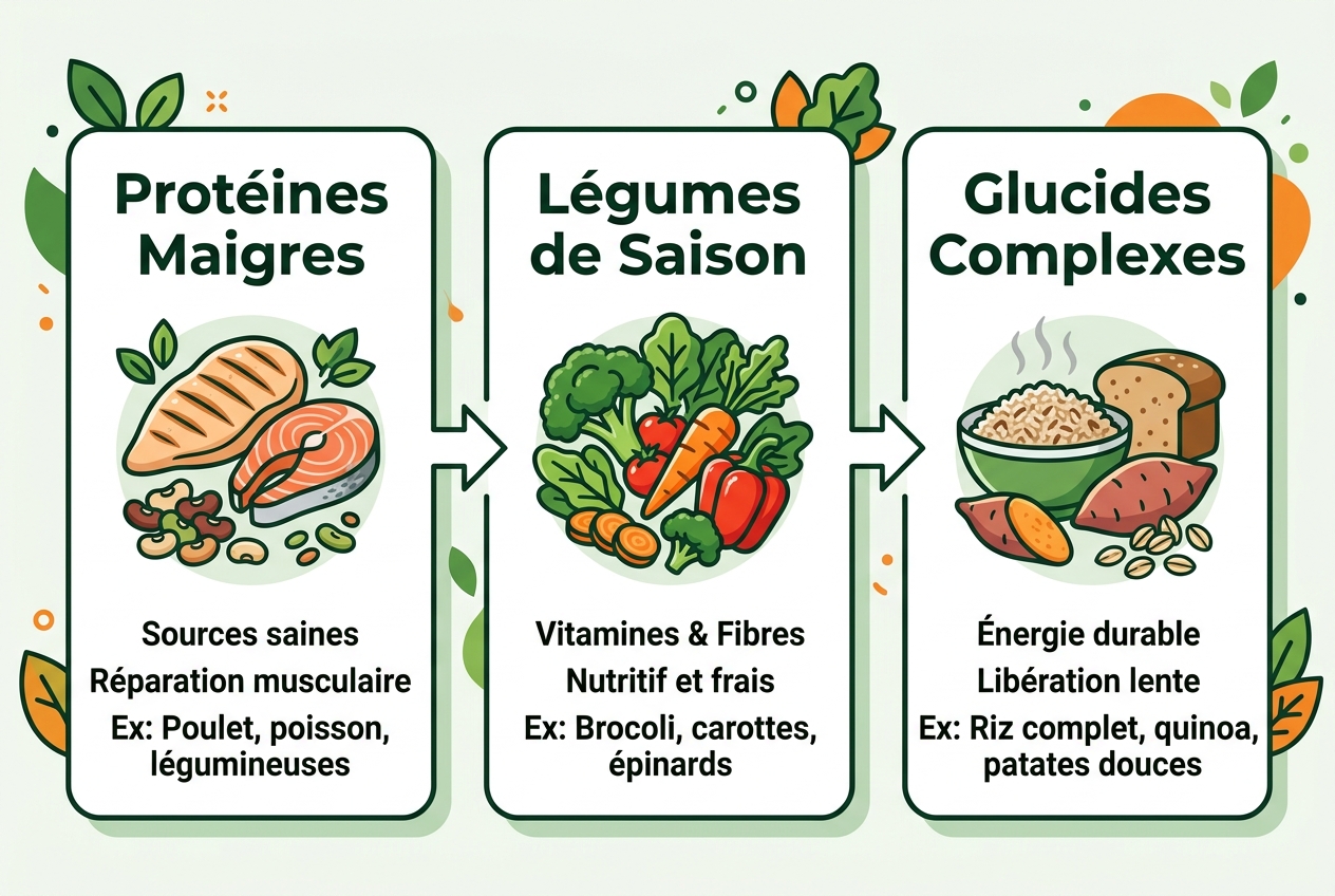 Infographie montrant la structure d'un menu équilibré pour la semaine