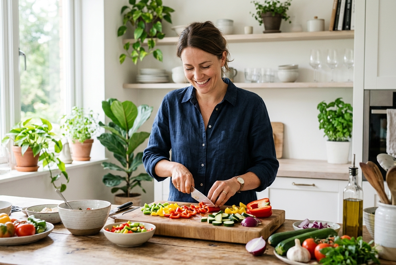 Une personne préparant une recette minceur facile pour une semaine dans sa cuisine